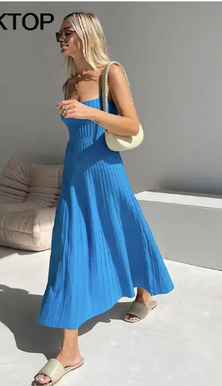 Ribbed knit maxi dress, sleeveless scoop neck, sky-blue