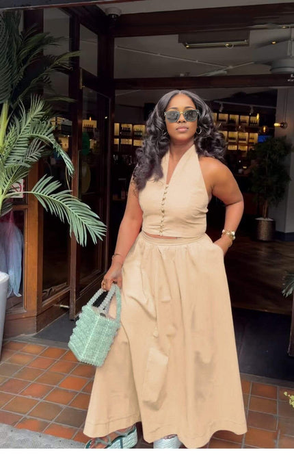 Cut-Out Backless Halter Top + High Waist Slit Skirt Set