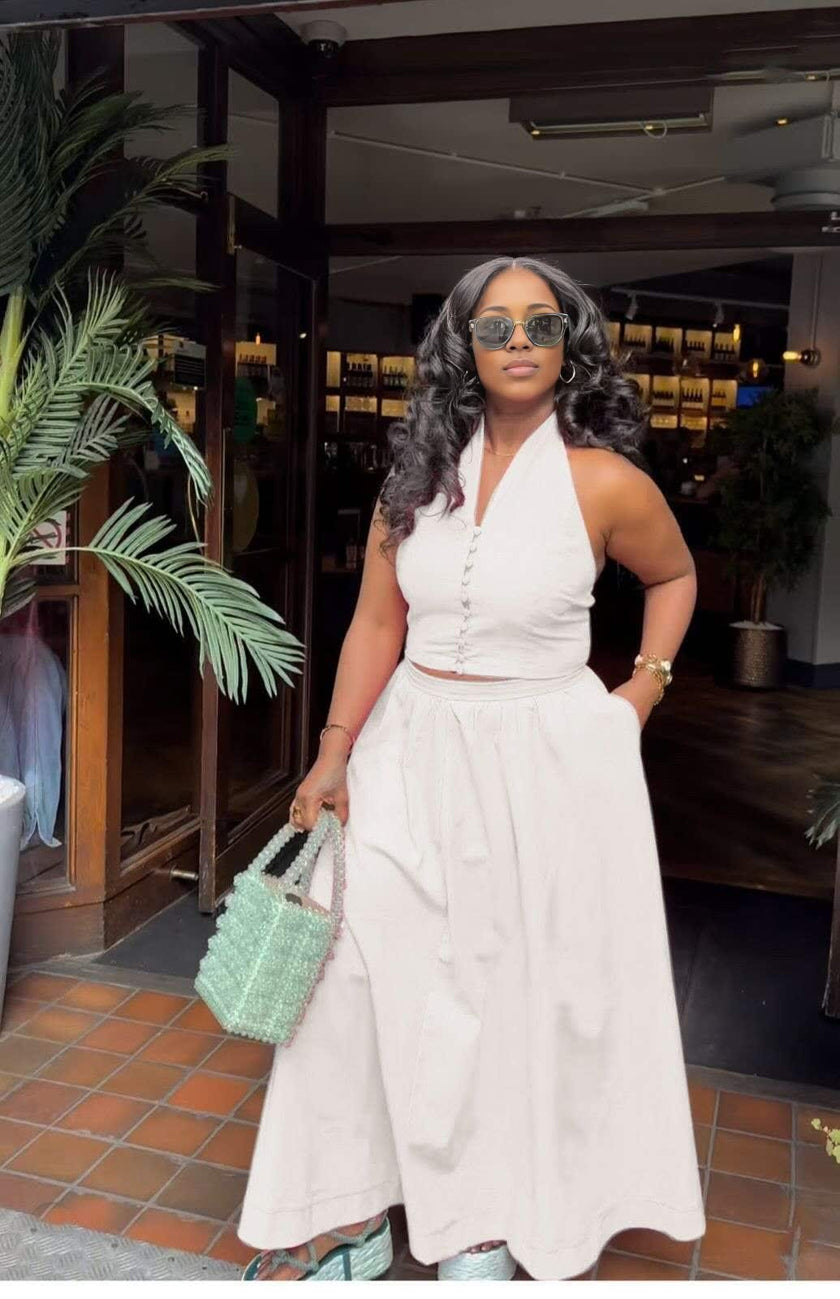 Cut-Out Backless Halter Top + High Waist Slit Skirt Set