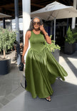 Light-green maxi dress with fitted sleeveless bodice and gathered full skirt