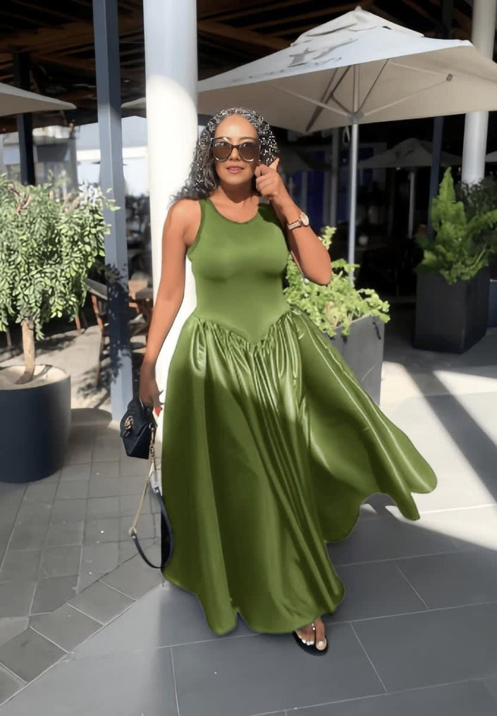 Light-green maxi dress with fitted sleeveless bodice and gathered full skirt