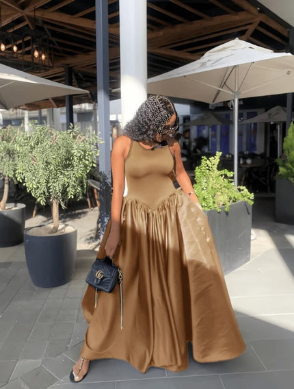 Burlywood maxi dress with fitted sleeveless bodice and gathered full skirt