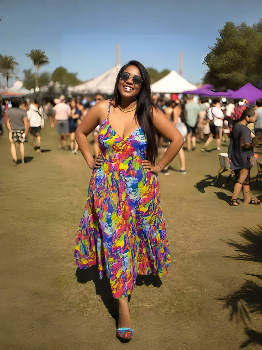 Sleeveless V-neck Printed Maxi Dress with High Waist and Flowing Hemline