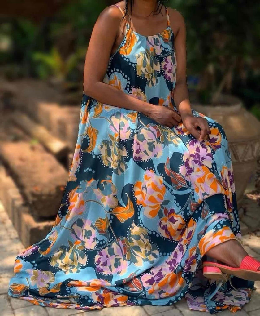 Halter Neck Maxi Dress with Floral and Fauna Print