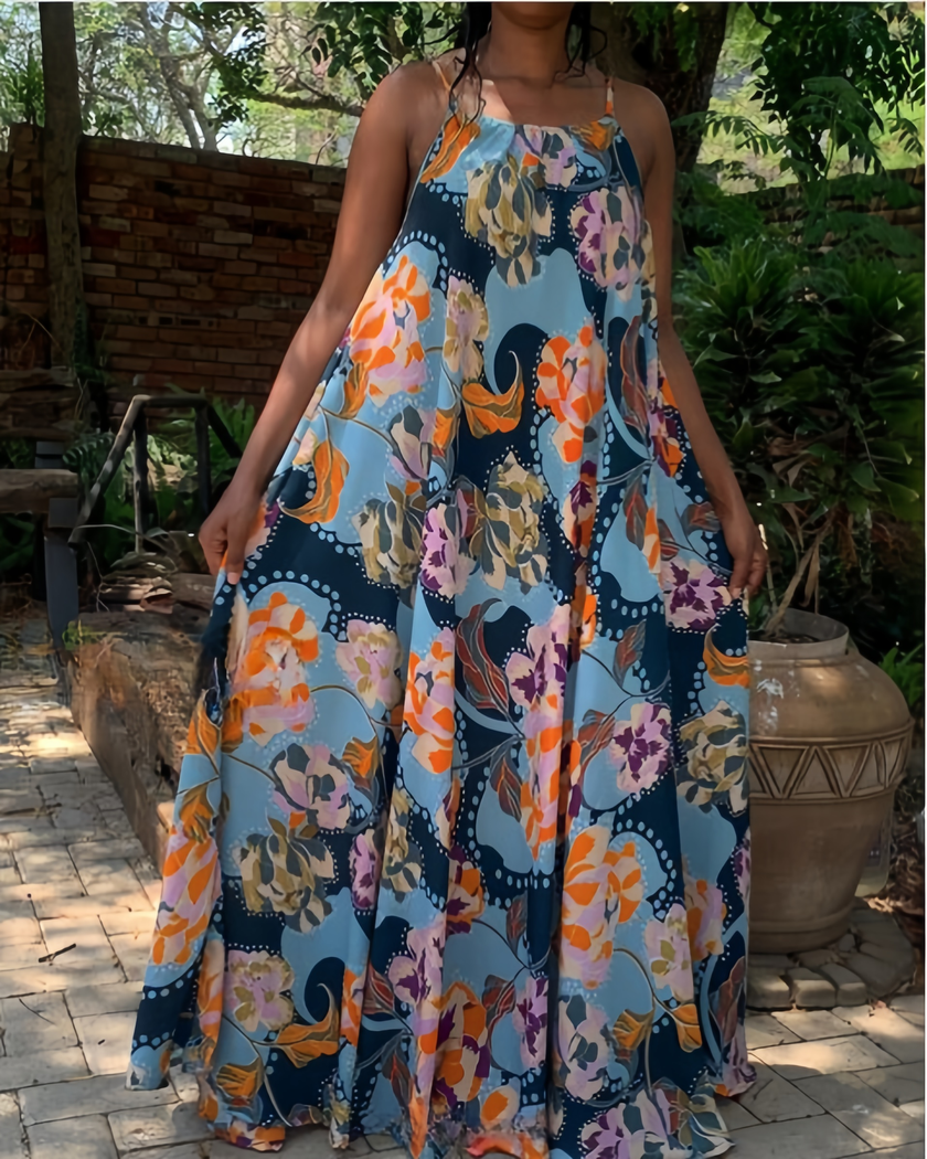 Halter Neck Maxi Dress with Floral and Fauna Print