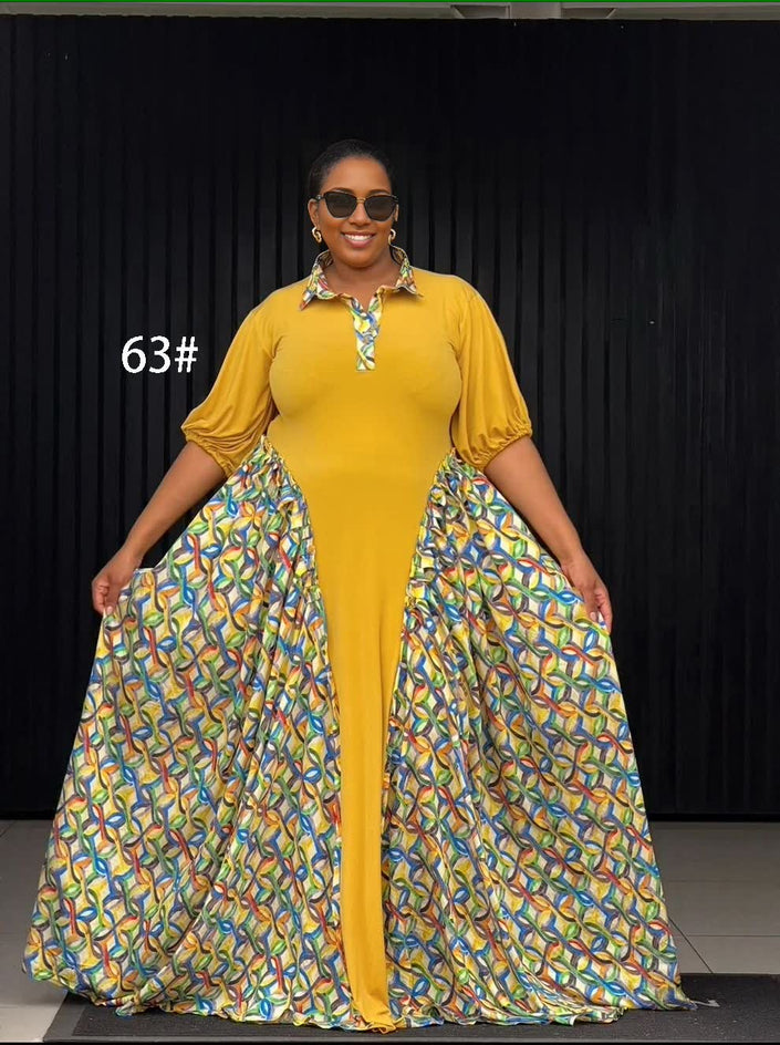 Yellow polo maxi dress with geometric printed side panels, 3/4 sleeves