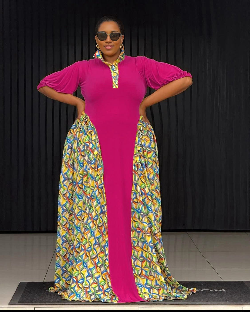 Geometric Panel Polo Collar Maxi Dress with Short Sleeves