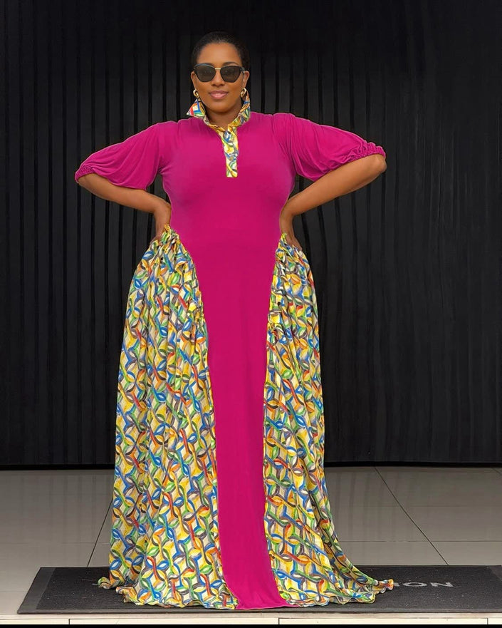 Hot-pink polo maxi dress with geometric printed side panels, 3/4 sleeves