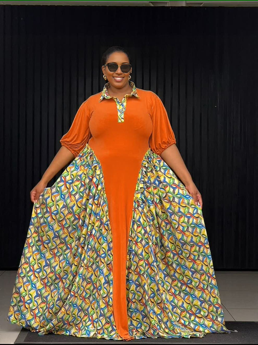 Geometric Panel Polo Collar Maxi Dress with Short Sleeves