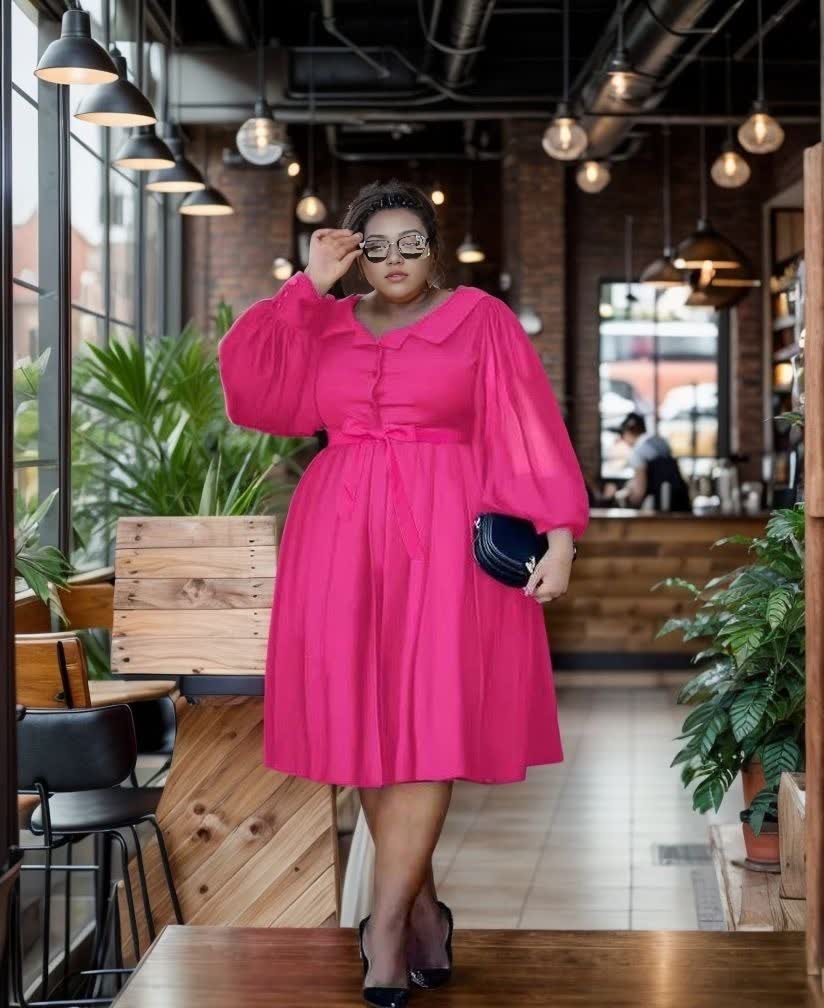 Deep-pink puff-sleeve midi dress with gathered waist and button-front collar
