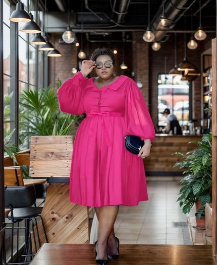 Deep-pink puff-sleeve midi dress with gathered waist and button-front collar