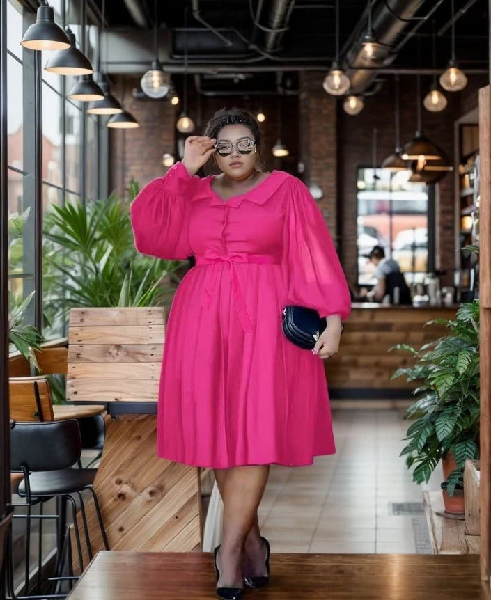 Deep-pink puff-sleeve midi dress with gathered waist and button-front collar