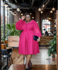Deep-pink puff-sleeve midi dress with gathered waist and button-front collar