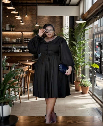 Black puff-sleeve midi dress with gathered waist and button-front collar