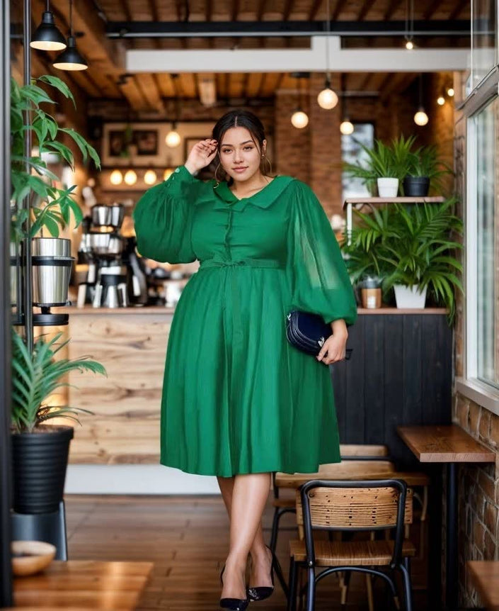 Green puff-sleeve midi dress with gathered waist and button-front collar