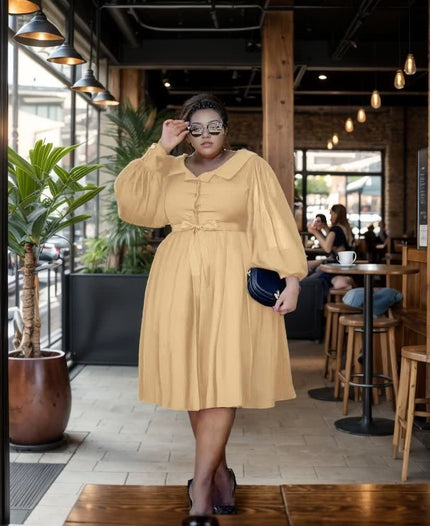 Nude puff-sleeve midi dress with gathered waist and button-front collar