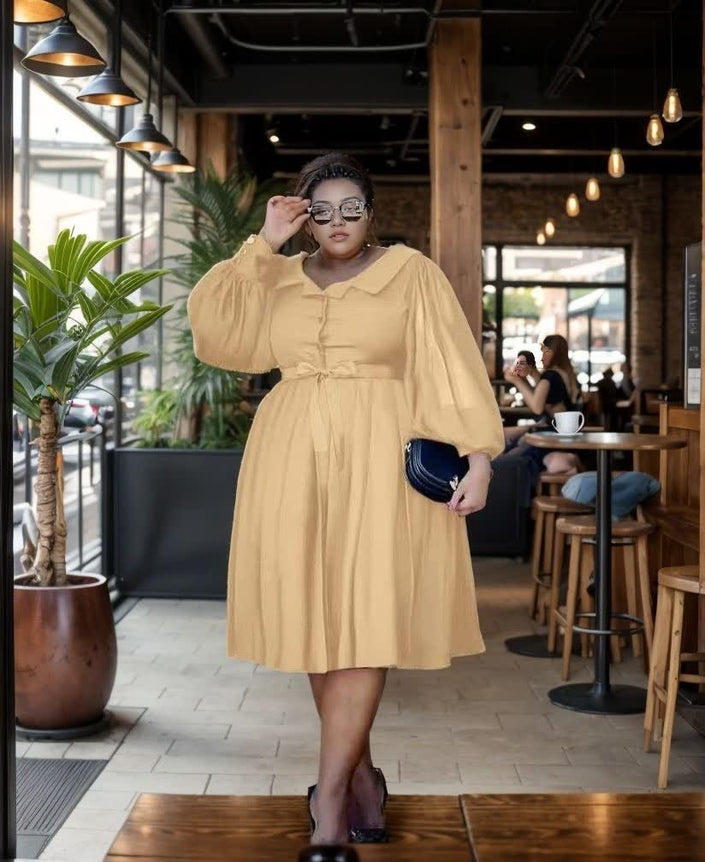 Nude puff-sleeve midi dress with gathered waist and button-front collar