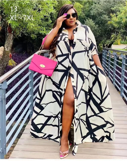 Geometric A-line shirt dress, white with black abstract print, button-front, short sleeves