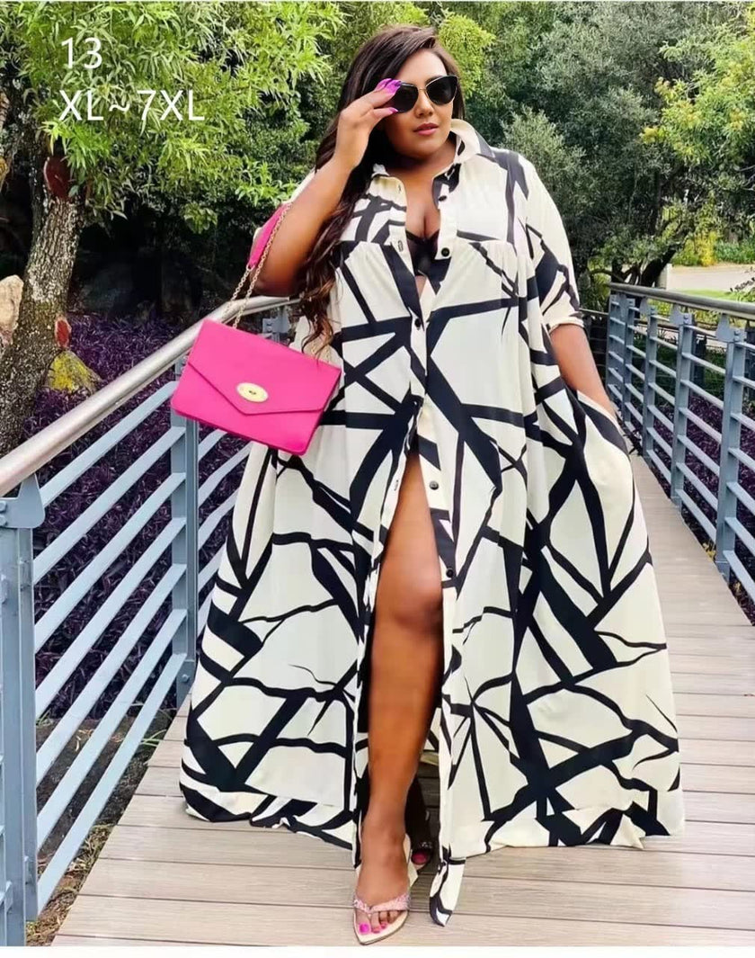 Geometric Patterned Long-Sleeve Shirt Dress with A-Line Silhouette