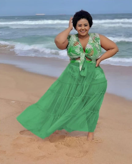 Lime-green tropical leaf swim maxi dress set with tie-front V-neck tiered maxi