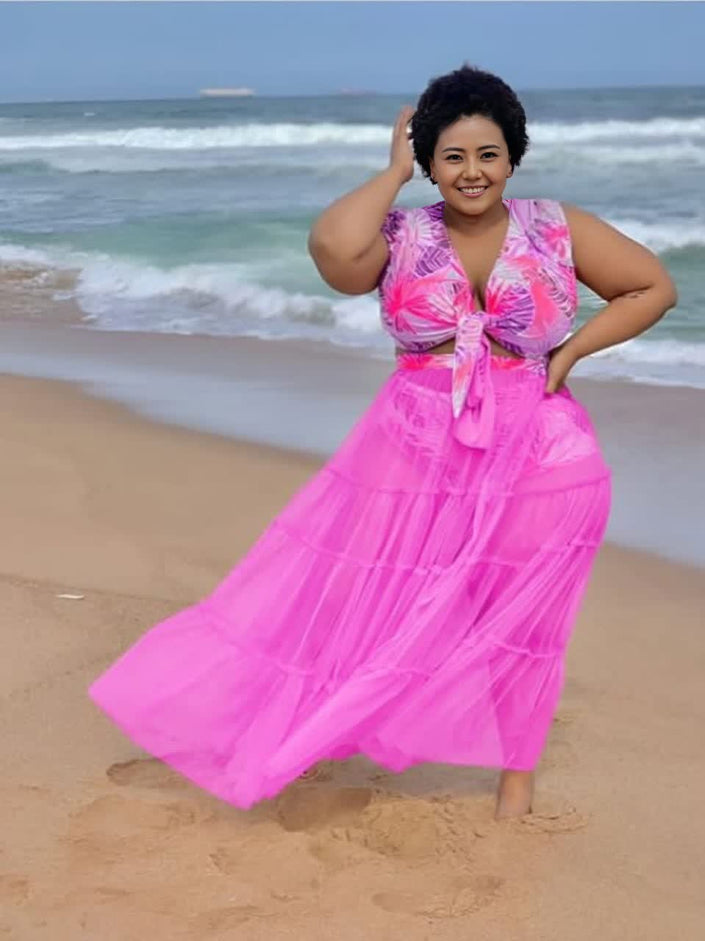 Tropical Leaf 3Piece Swim Maxi Dress Set