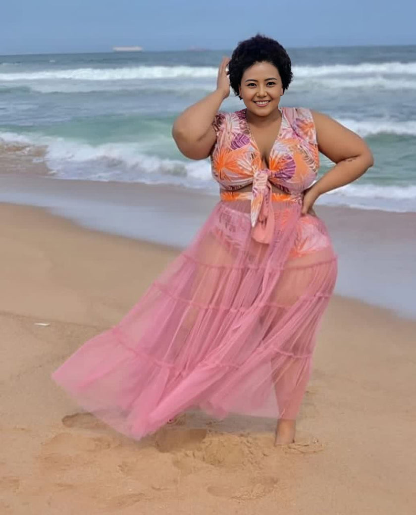 Tropical Leaf Print Knot-Front 3-Piece Swimwear