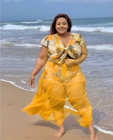 Yellow tropical leaf swim maxi dress set with tie-front V-neck tiered maxi
