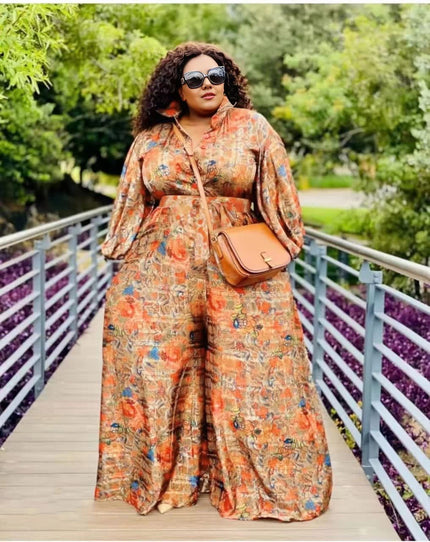 Plus size maxi dress with orange floral print, button-front, long puff sleeves