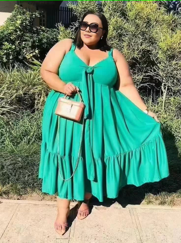 Plus size ruffle hem dress in aquamarine, sleeveless V-neck tie