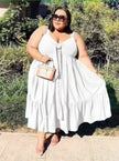 Plus size ruffle hem dress in white, sleeveless V-neck tie bodice