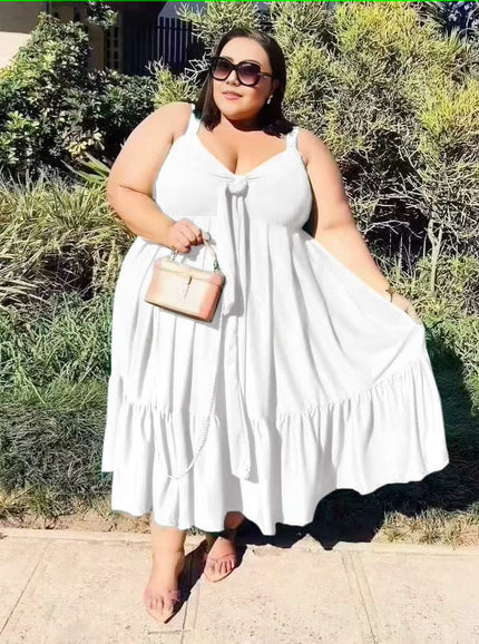 Plus size ruffle hem dress in white, sleeveless V-neck tie bodice
