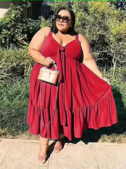 Plus size ruffle hem dress in red, sleeveless V-neck tie and flared ruffles