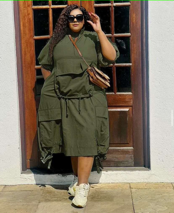 Dark olive midi dress with drawstring waist, loose fit, short sleeves, front pockets