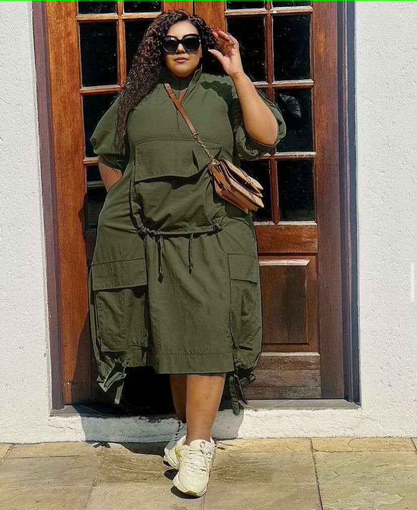 Loose-Fit Casual Dress with Drawstring Waist and Front Pocket Design