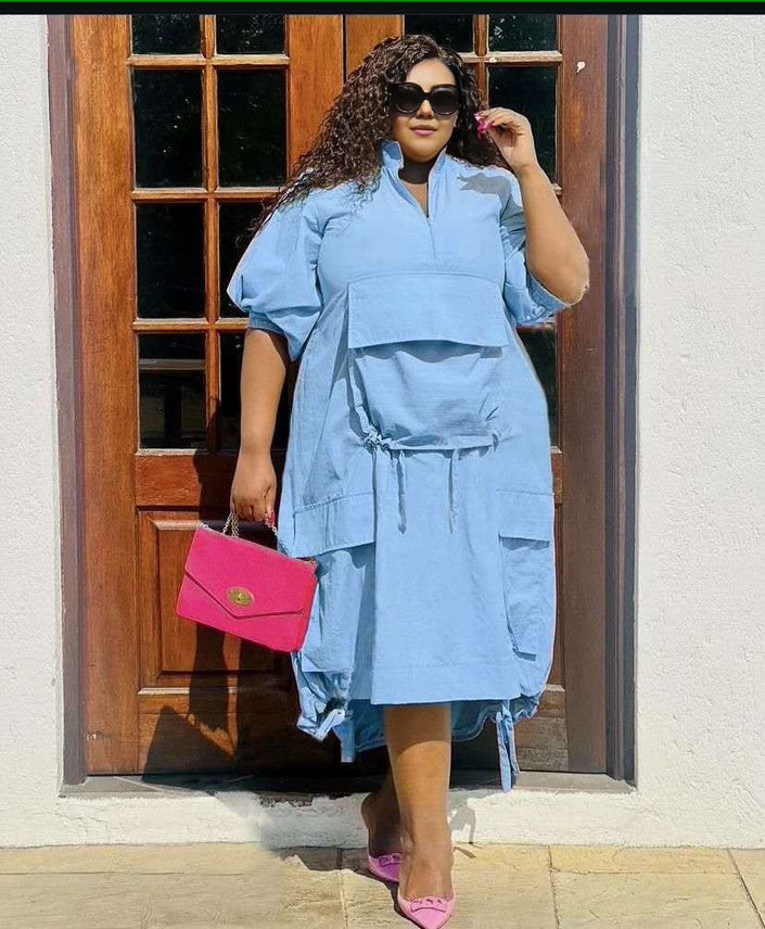 Sky-blue midi dress with drawstring waist, loose fit, short sleeves, front pockets