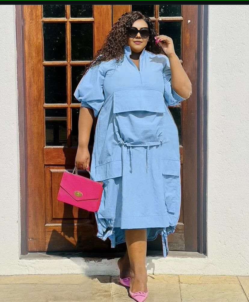 Loose-Fit Casual Dress with Drawstring Waist and Front Pocket Design