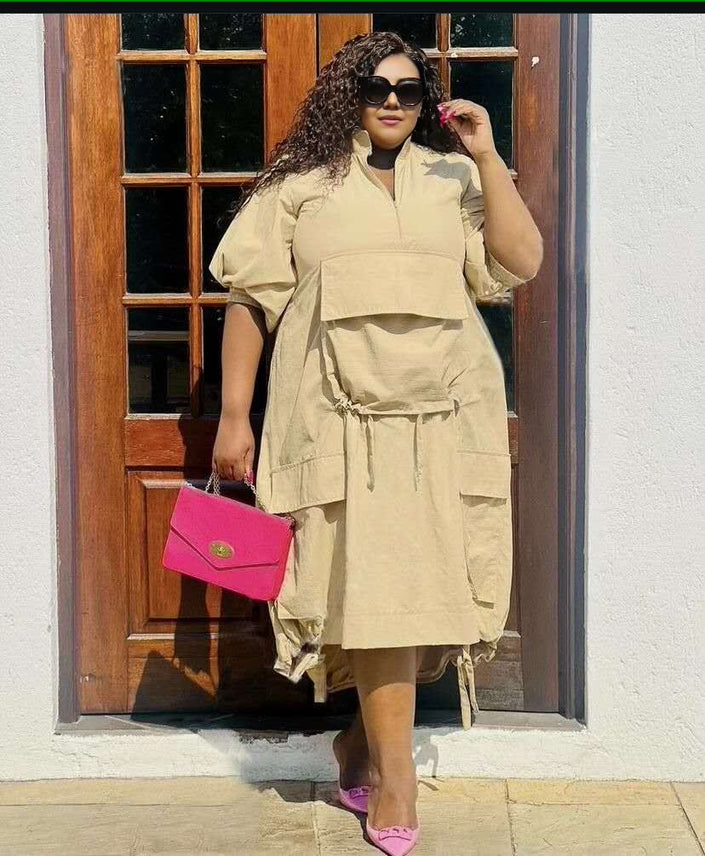 Cream midi dress with drawstring waist, loose fit, short sleeves, front pockets