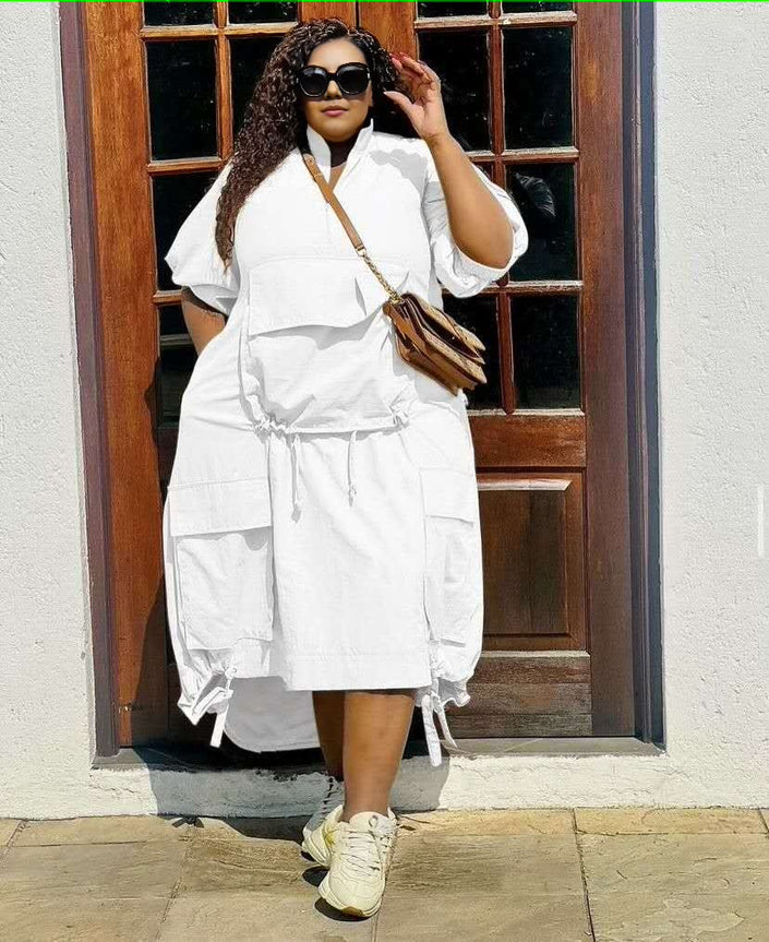 White midi dress with drawstring waist, loose fit, short sleeves, front pockets