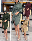 Dark olive belted shirt dress, long sleeves, button front, knee length, collared neckline