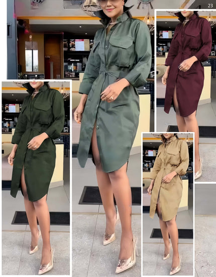 Dark olive belted shirt dress, long sleeves, button front, knee length, collared neckline