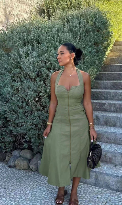 Halter midi dress in olive green with front zipper and adjustable straps