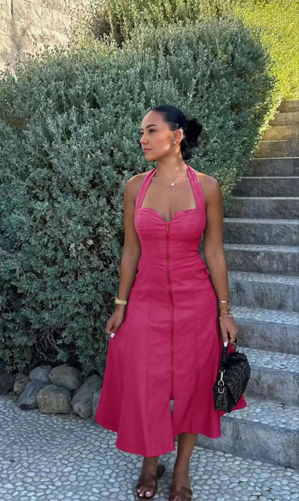 Halter midi dress in deep pink with front zipper and adjustable halter straps