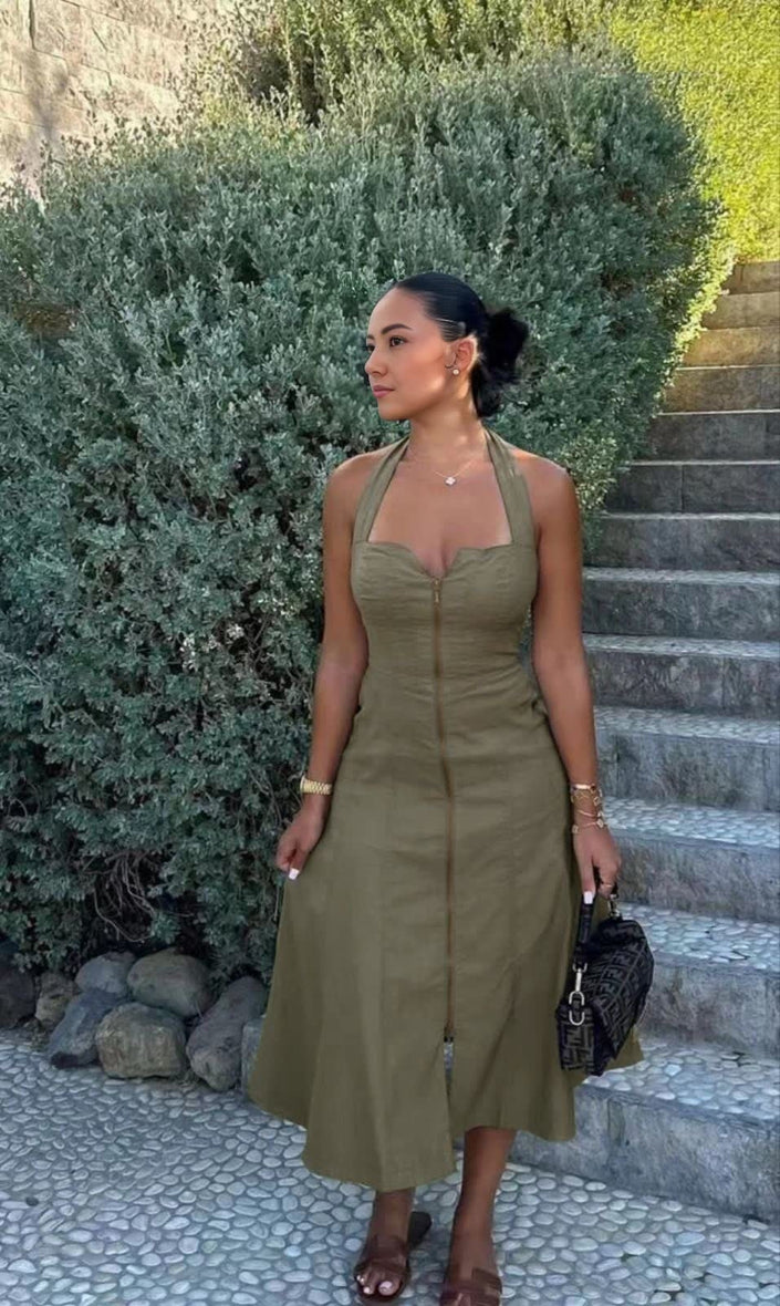 Halter midi dress in olive green with zipped front and halter neckline