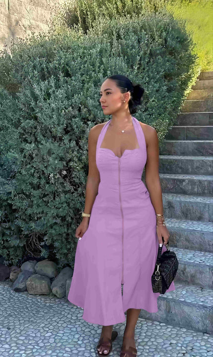Halter midi dress in lavender with front zipper and adjustable halter neckline