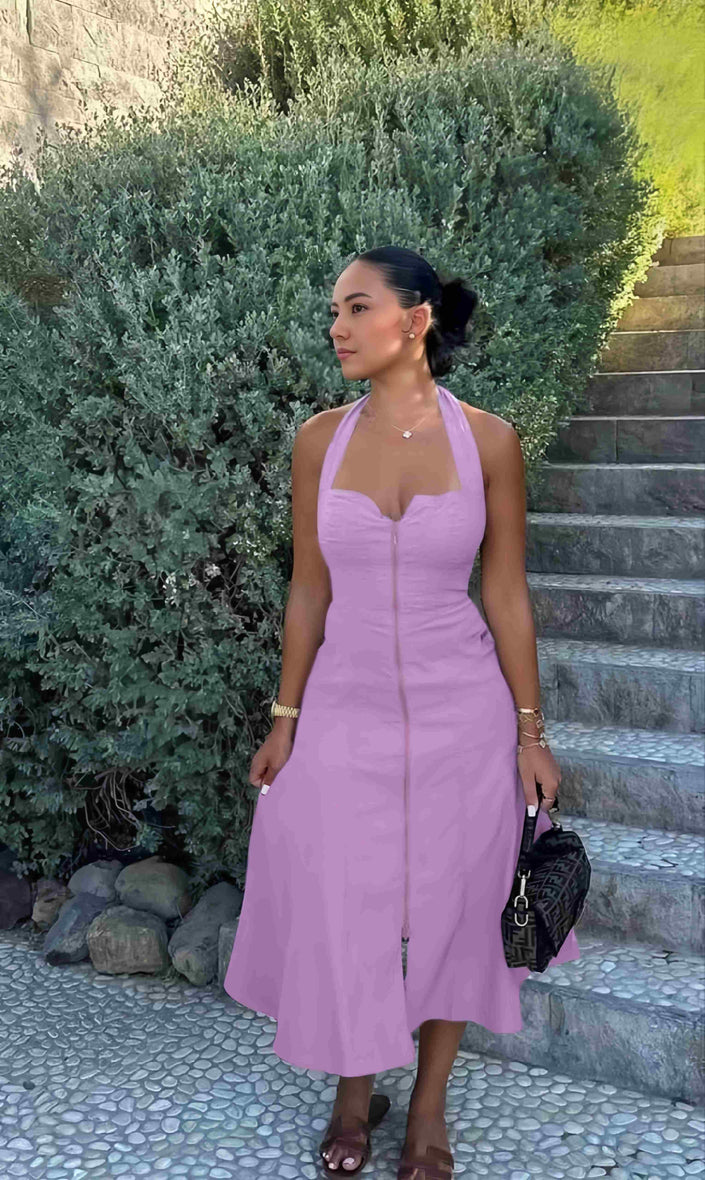 Halter midi dress in lavender with front zipper and adjustable halter neckline