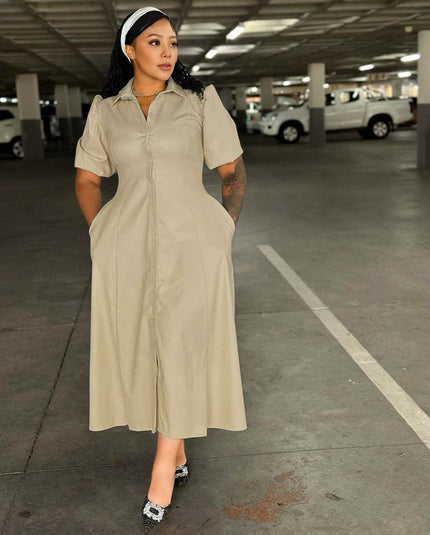 Khaki midi shirt dress with puff sleeves, button front, and waist detailing