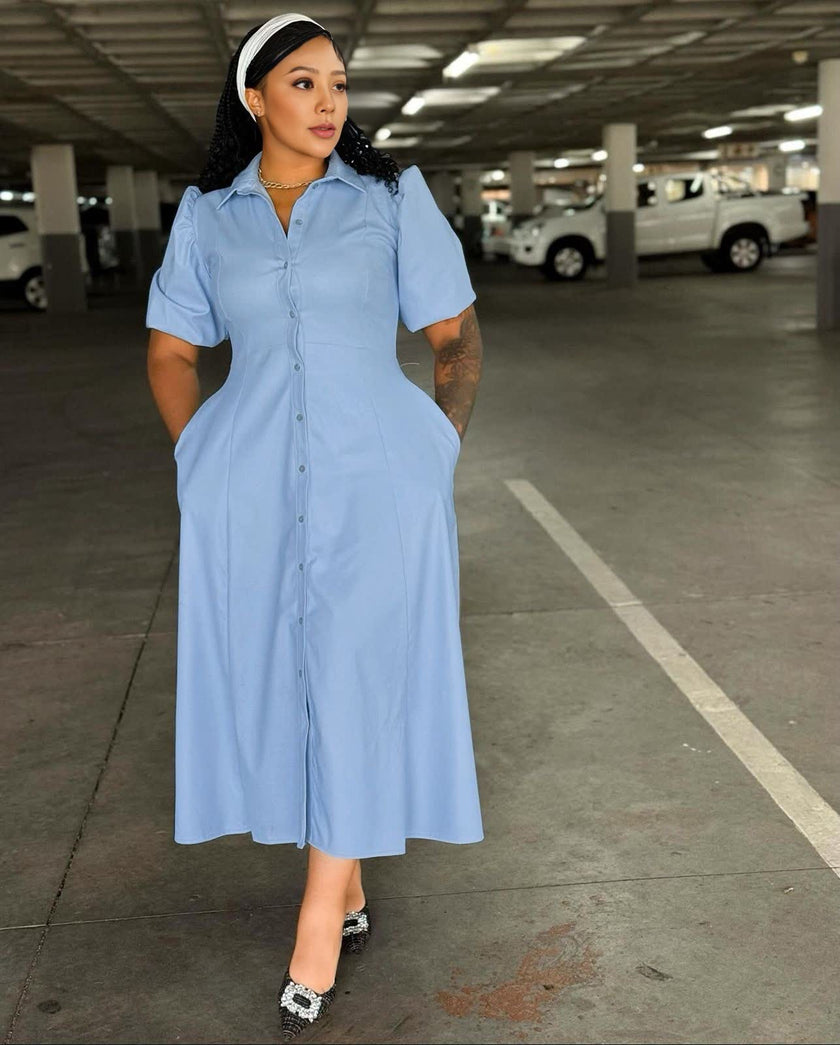 Puff Sleeve Shirt Dress｜Midi Length × Button Front × Fitted Waist