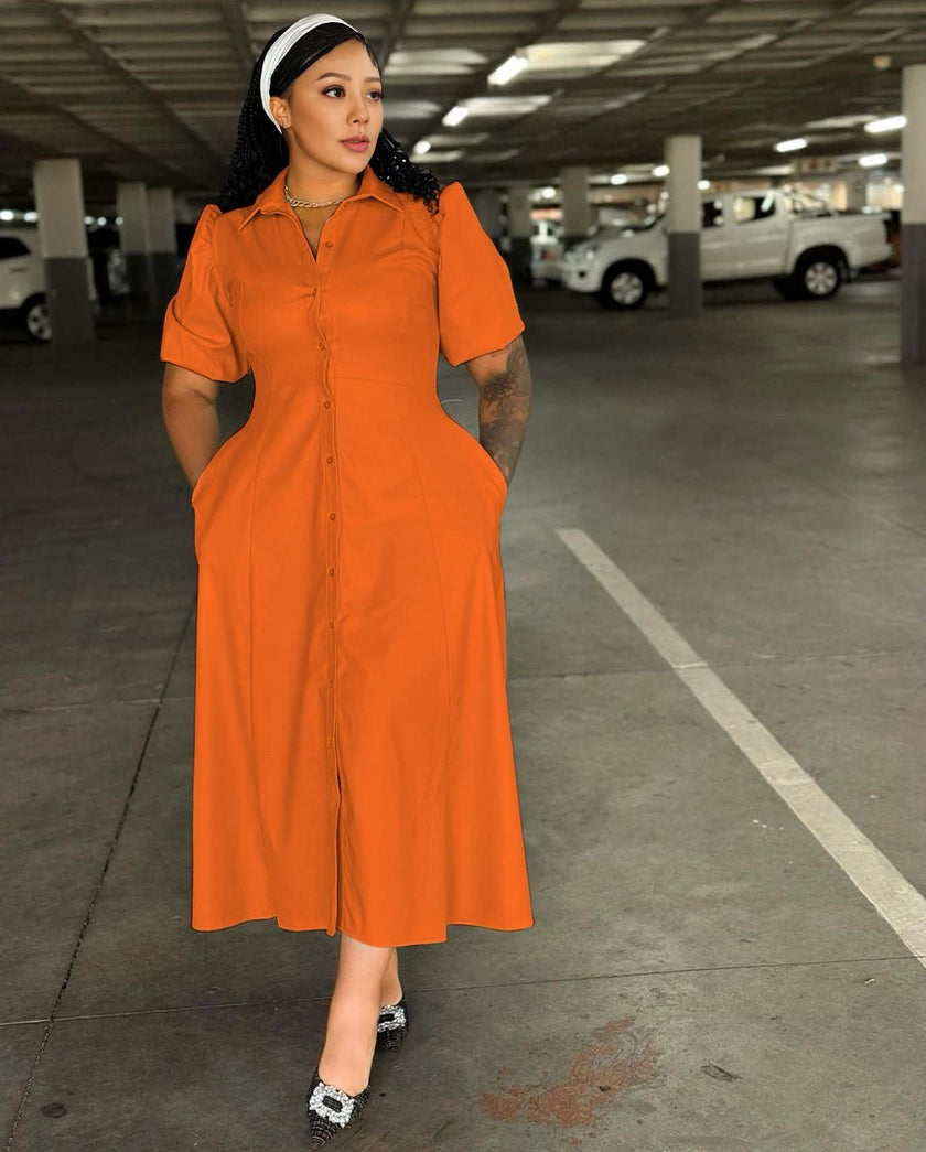 Puff Sleeve Shirt Dress｜Midi Length × Button Front × Fitted Waist