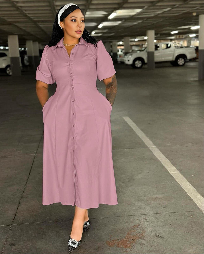 Puff Sleeve Shirt Dress｜Midi Length × Button Front × Fitted Waist