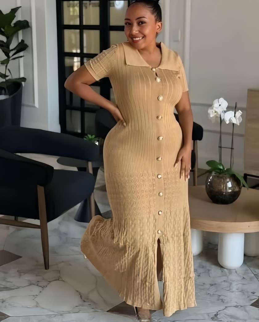 Classic Button-Embellished Tiered Long-Sleeve Knited Dress with Waist Belt for Vintage Daily Style